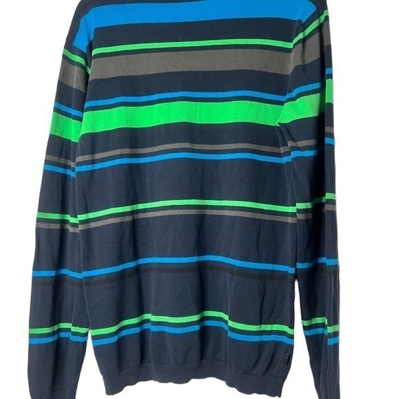 Oakley Slim Fit Mens‎ Sweater Large Black Blue Grey & Green Striped Knit Cotton - Picture 4 of 5